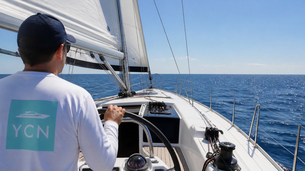 Sailboat with full sails cruising across the deep blue ocean toward the horizon