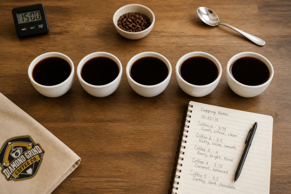 Overhead view of a home cupping setup on a wooden kitchen table: five identical white ceramic cups arranged in a row, each filled with dark coffee, a small bowl of roasted coffee beans, a timer, a spoon, and a notepad with handwritten tasting notes beside them