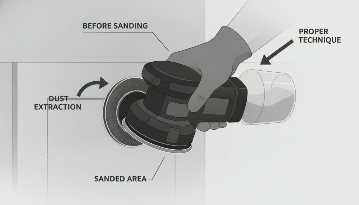 Close-up of a hand using an orbital sander on a cabinet door with visible dust collection system in action, showing proper technique and equipment in a bright workshop setting