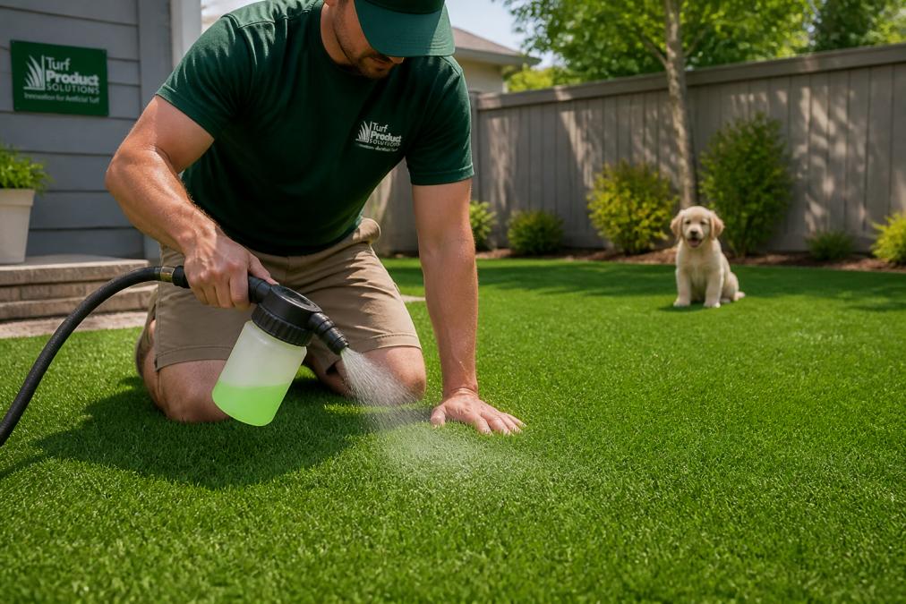A person in casual clothing kneeling on a green artificial turf lawn, holding a hose-end sprayer attached to a garden hose, applying liquid cleaner to the grass surface on a sunny day, with a small puppy visible in the background