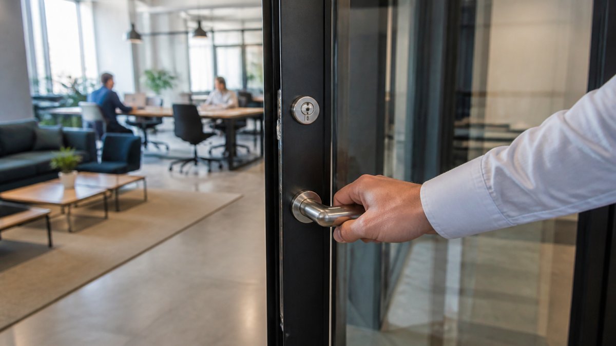Close-up of a person's hand pressing a shared office door handle with a coworking lounge and hot desks blurred in the background