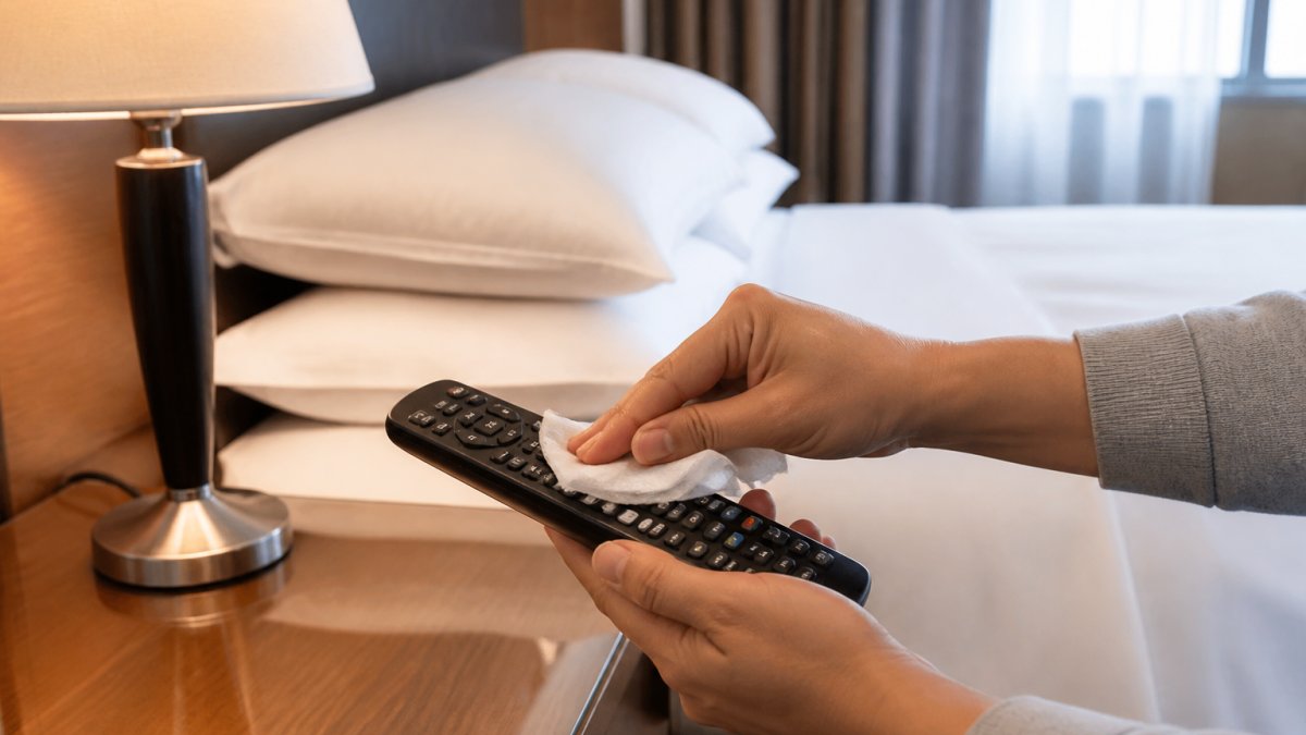 Traveler's hand using a disinfectant wipe on a hotel remote control, with a nightstand, lamp, and bed visible in soft natural light from the window