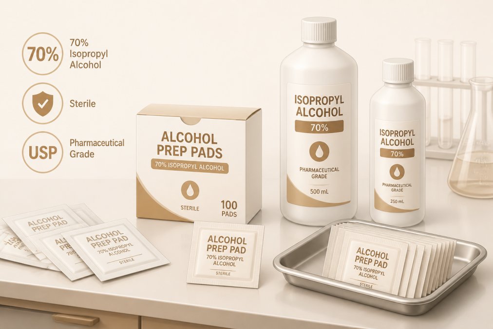 Assortment of individually wrapped sterile 70% isopropyl alcohol pads and bottles of pharmaceutical-grade isopropyl alcohol arranged neatly on a clean laboratory preparation surface with bright overhead lighting