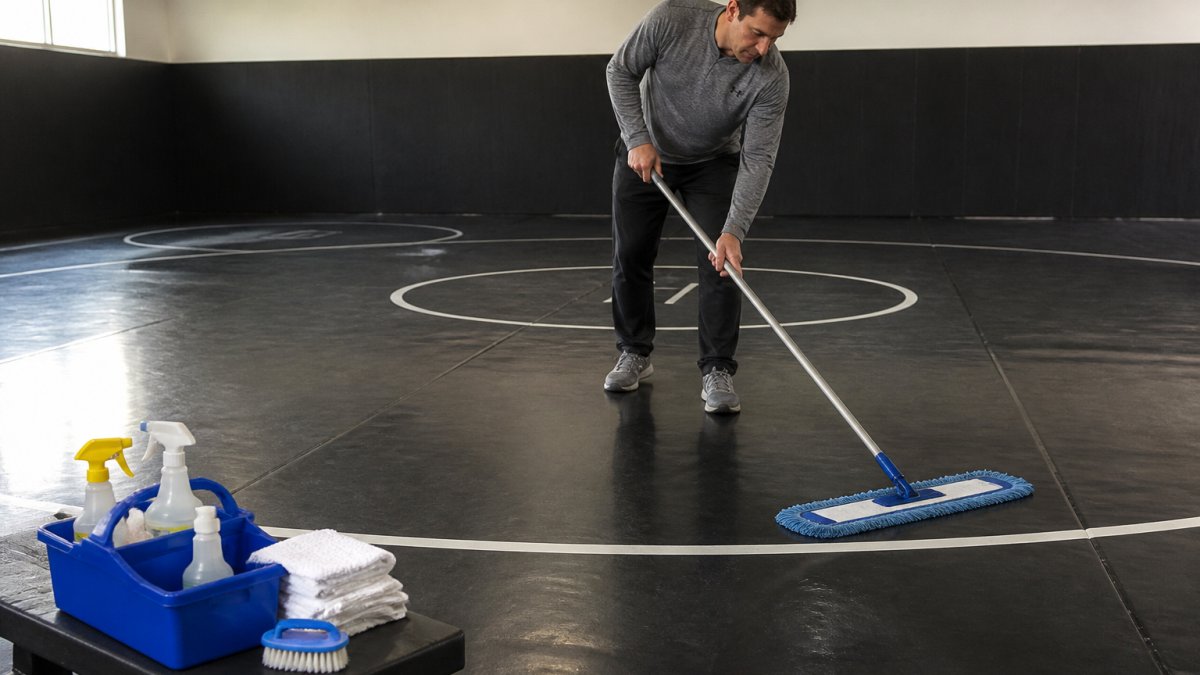 A coach in a wrestling room using a microfiber mop to wipe down a large roll-out vinyl mat, cleaning supplies visible on a bench nearby, bright overhead gym lighting
