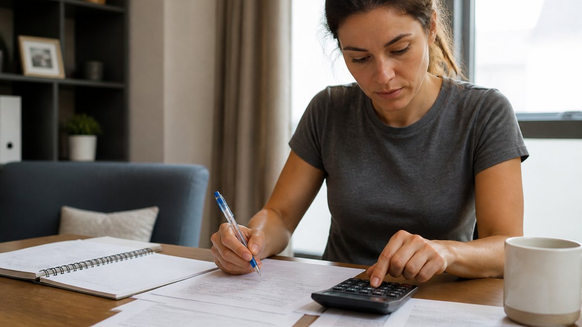 First-time homebuyer sitting at a desk with a laptop, notebook, and calculator, reviewing budget spreadsheets and financial documents with focused concentration