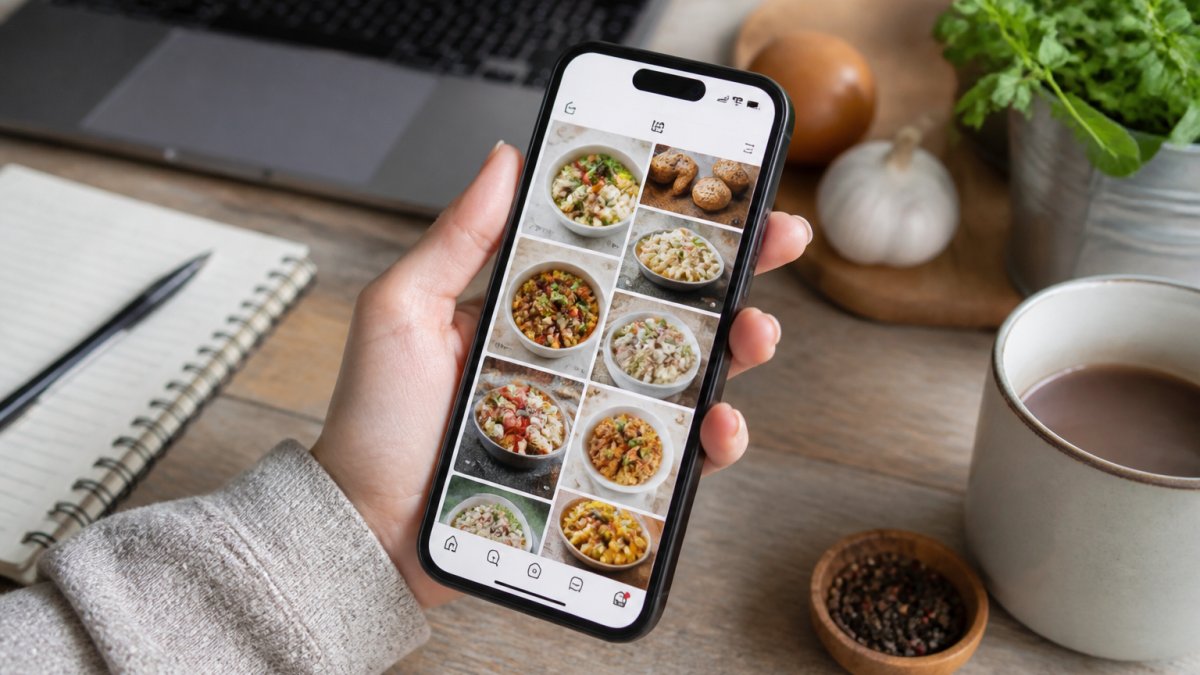Person's hand holding smartphone displaying Instagram Saved collection interface with multiple recipe posts visible on screen, bright natural lighting