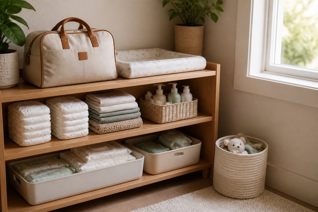 Organised nursery corner with neatly stacked baby essentials, a folded changing mat, and a small travel bag on a wooden shelf, warm natural light from a nearby window