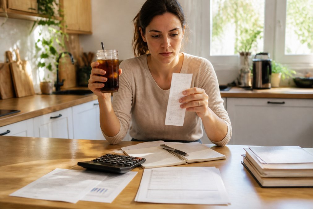 Person holding a cold brew coffee and a café receipt to help you save money on cold brew in a sunlit kitchen