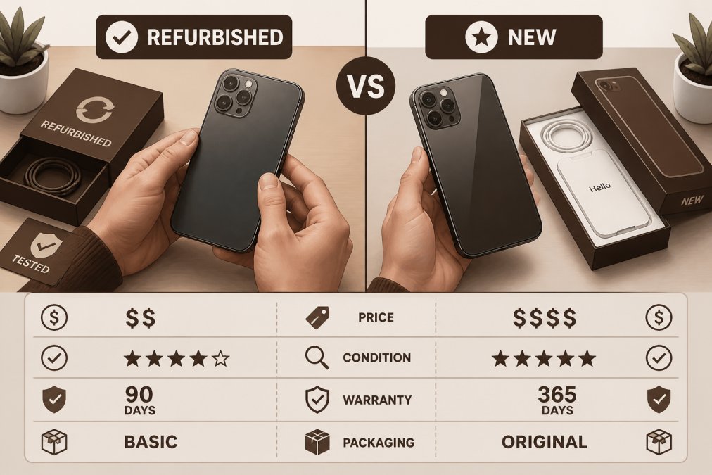 Close-up of hands examining a refurbished smartphone and a new smartphone side by side on a clean desk, comparing condition and packaging