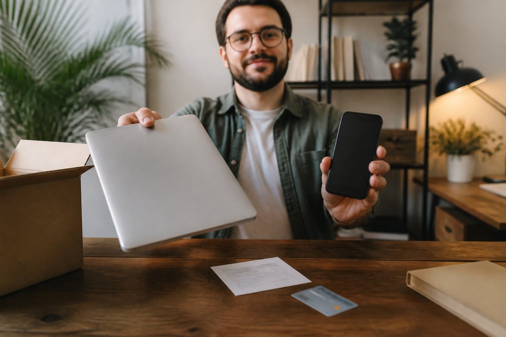 Person holding out an old laptop and smartphone toward the camera in a home office setting, with a credit card or receipt visible nearby