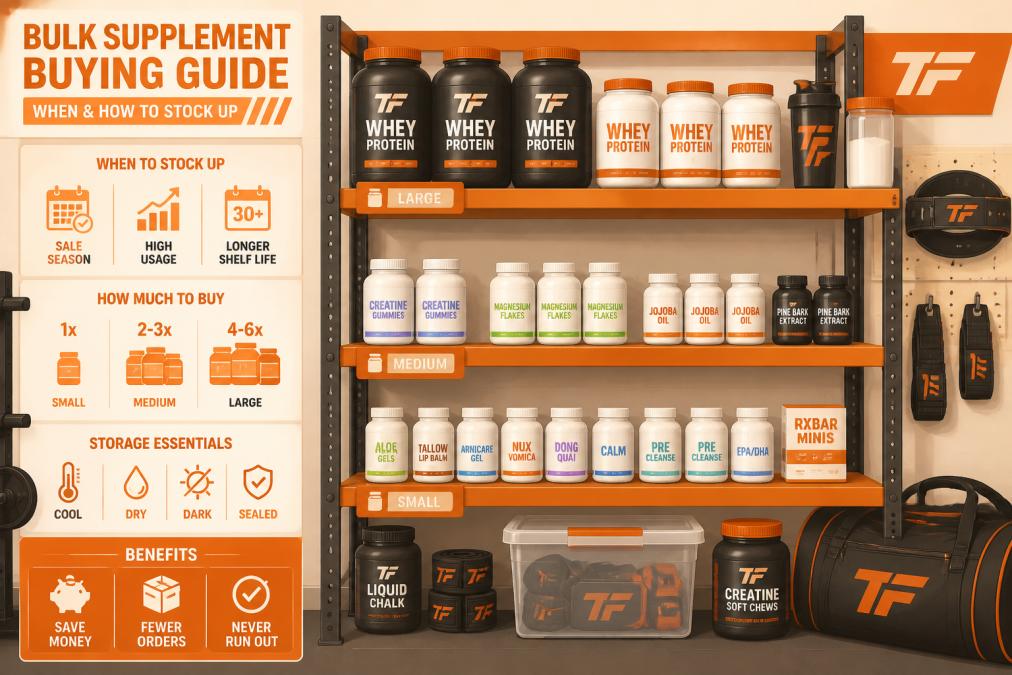 Organized shelves stocked with multiple containers of protein powder and supplement bottles in various sizes in a home gym setting, showing proper storage and organization