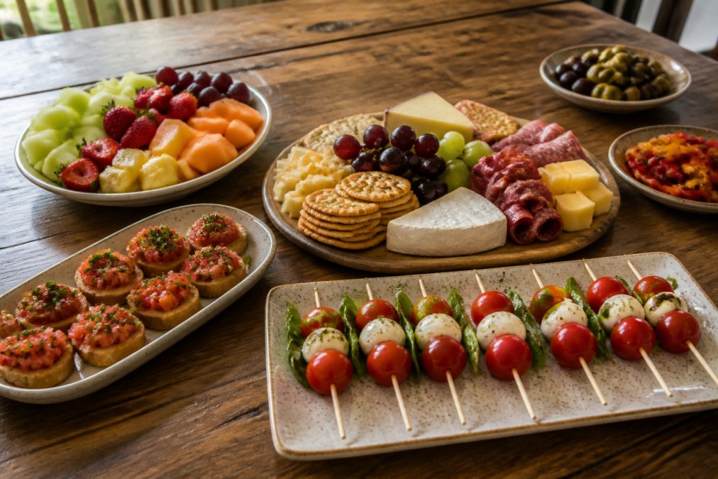 Colorful spread of affordable party food arranged on rustic wooden table, including fresh fruit platters, cheese boards with crackers, simple charcuterie, and homemade appetizers on budget-friendly ceramic serving trays with natural window lighting