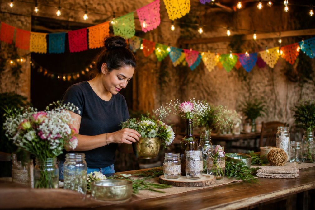 Festive party space decorated with homemade paper garlands in bright colors, repurposed glass mason jars filled with flowers, string lights draped across ceiling, and creative DIY centerpieces made from thrifted items and fresh greenery, warm ambient lighting