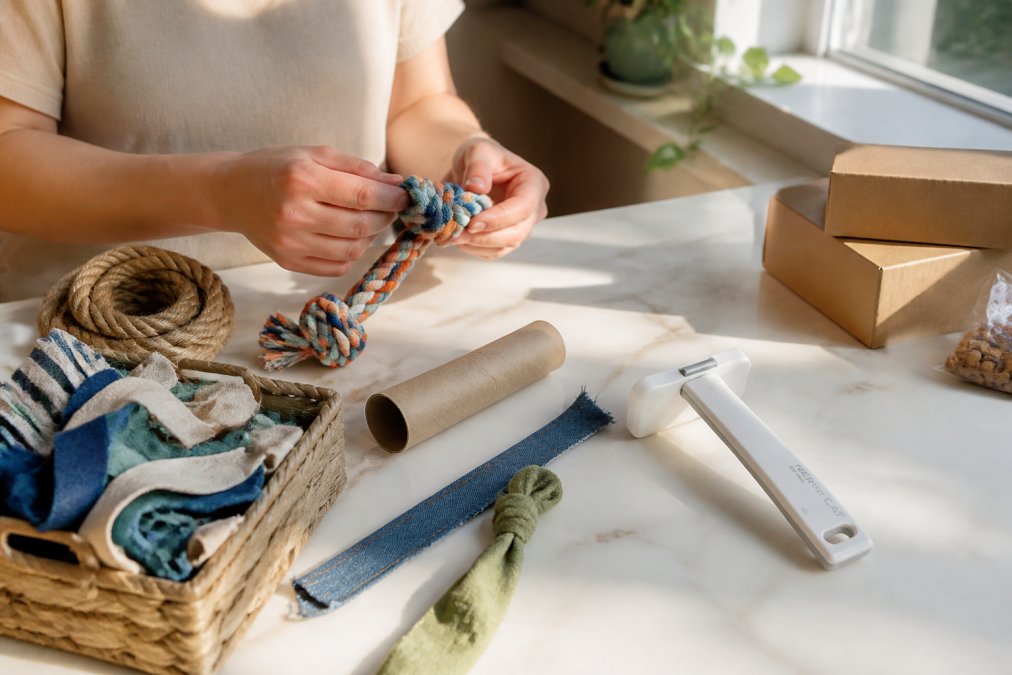 Hands crafting homemade pet toys from household items including braided rope, cardboard boxes, and fabric scraps on a bright kitchen table with natural afternoon light