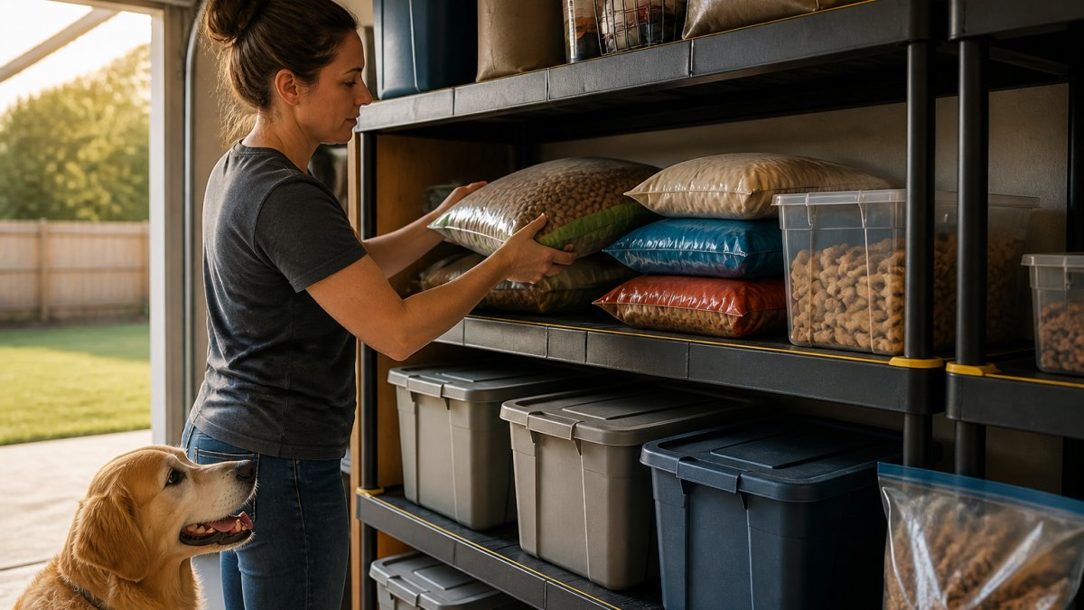 Person organizing large bags of pet food and treats into storage bins on garage shelves in natural daylight