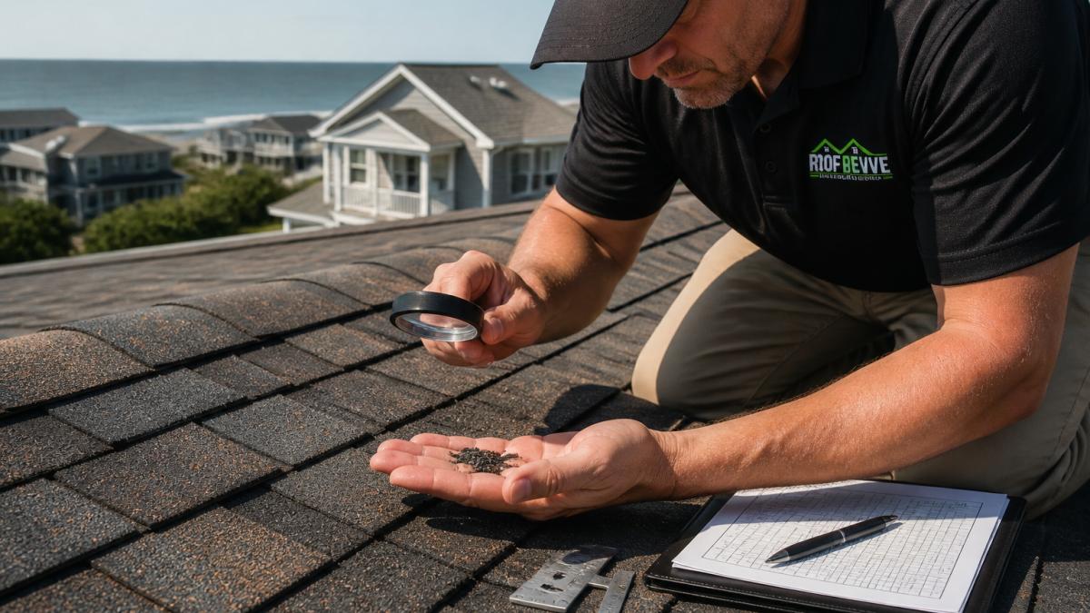 Professional inspector examining asphalt shingle roof texture and granule condition up close with measuring tools in natural daylight