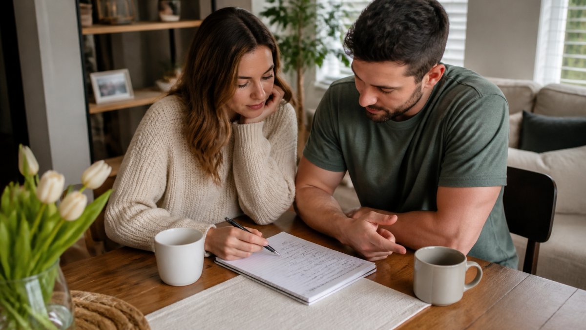 Engaged couple sitting at a dining table with a printed guest list, pen in hand, discussing which family members to invite while looking at a notebook with notes