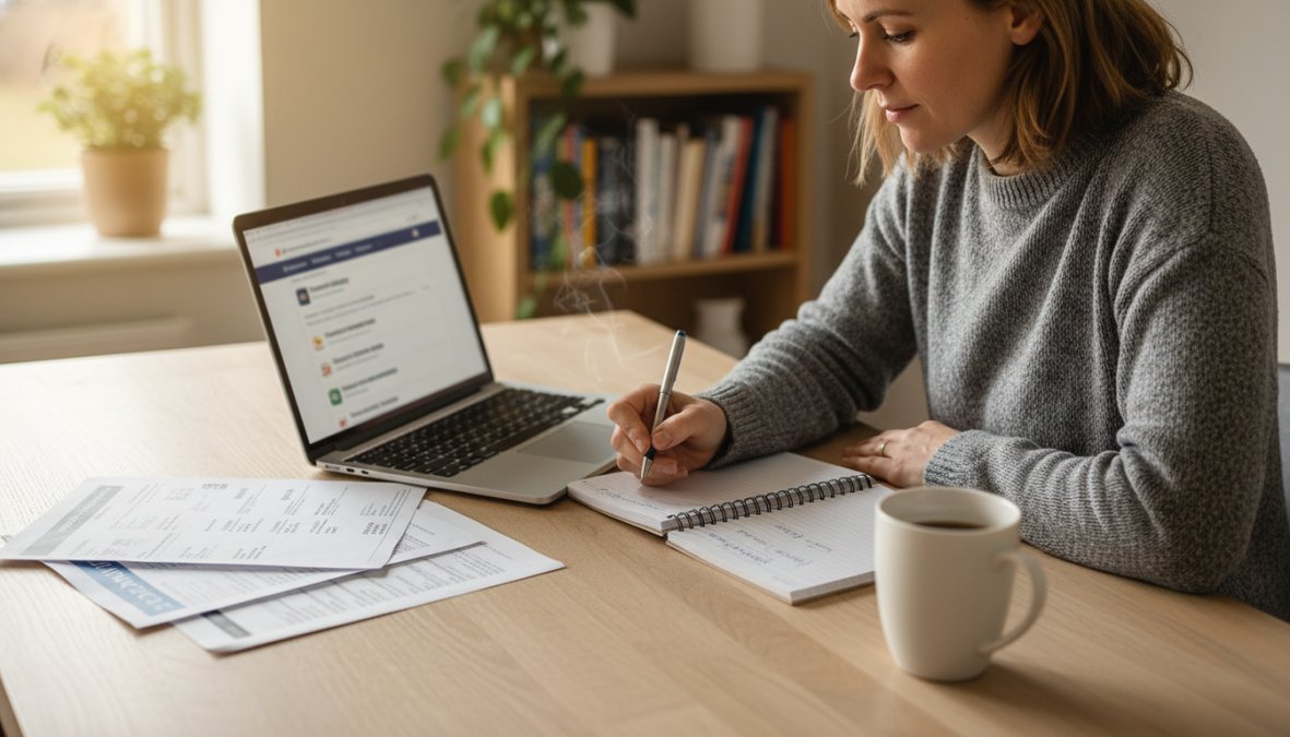A person sitting at a kitchen table with a laptop open, reviewing multiple insurance documents and taking notes on a notepad, with a cup of coffee nearby, conveying focused research and comparison shopping in warm afternoon light