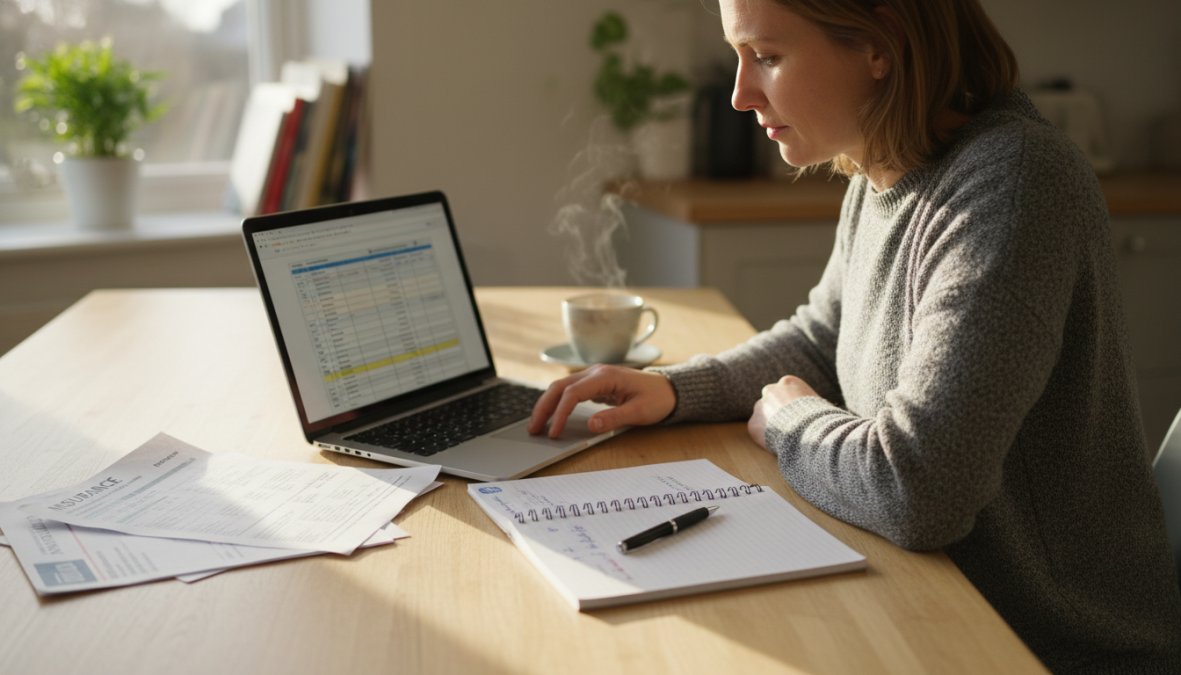 A confident adult speaking on the phone at a desk with insurance paperwork spread in front of them, in a calm home office with soft natural light coming through a window, suggesting a focused negotiation call with an insurance agent