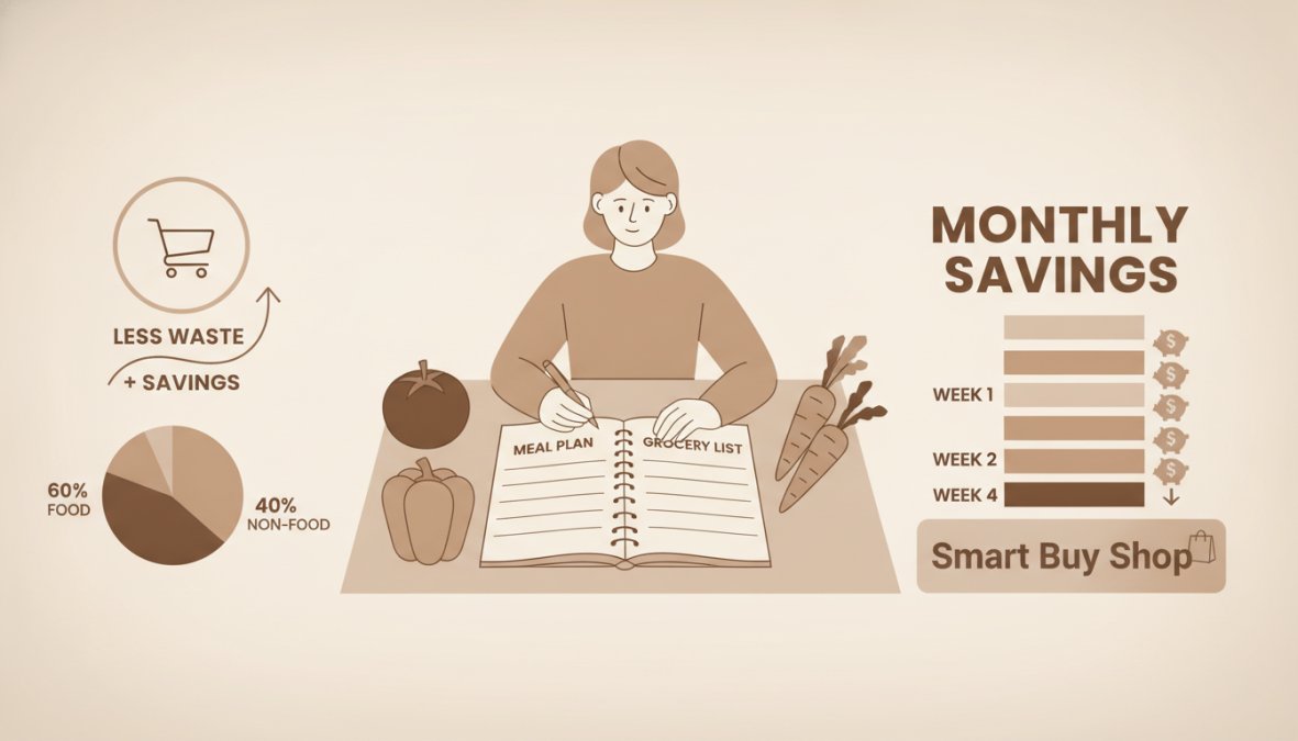Professional illustration showing save on groceries