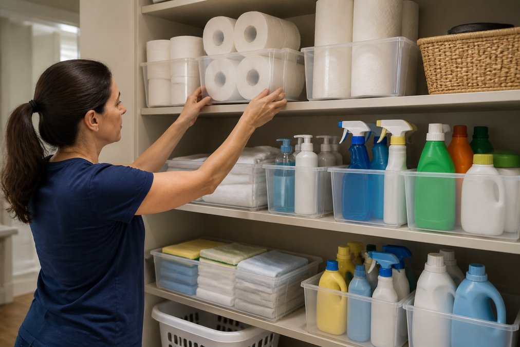 A well-stocked pantry shelf with labeled clear bins holding bulk paper products and cleaning supplies, organized by category with visible labels