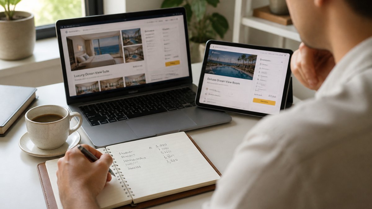A traveler in a bright home office comparing hotel rates on a laptop and tablet, with a notebook showing handwritten price notes and a coffee cup nearby