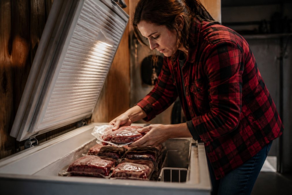 Hands organizing vacuum-sealed portions in a chest freezer to save on meat and extend shelf life