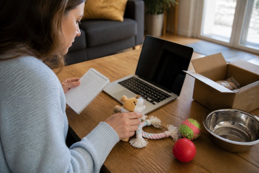 Pet owner comparing prices on a laptop while holding pet supplies and a shopping list at home, natural afternoon lighting from window