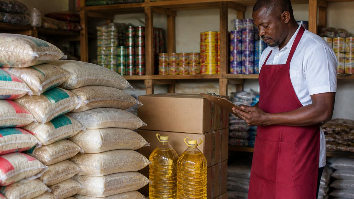 A restaurant storeroom in Ghana with stacked sacks of rice, cartons of cooking oil, and labelled shelves, with a manager in an apron checking a clipboard against the stock