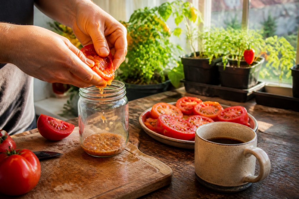 Close-up of hands gently squeezing ripe tomato seeds and gel into a glass jar, with morning light streaming through a kitchen window