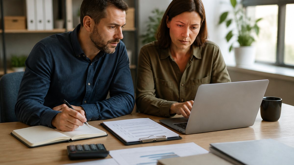 A small business owner and an operations manager reviewing payroll reports and a checklist on a laptop at a tidy desk, calculator and coffee nearby, natural window light