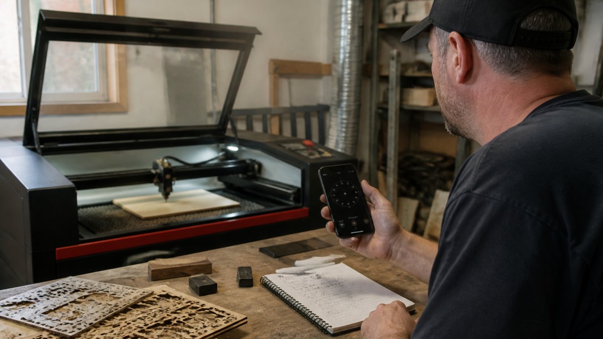 A laser operator times a job with a stopwatch to learn how to save time on laser projects in their workshop.