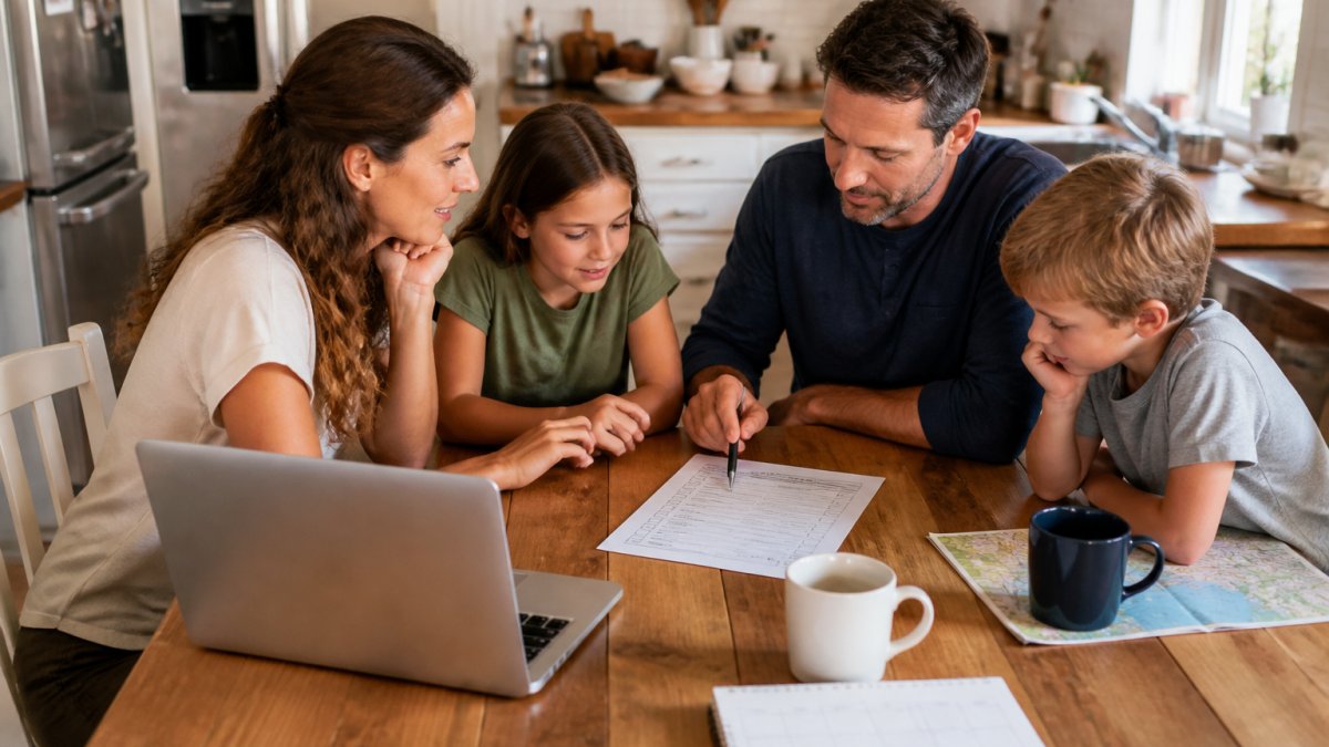 Family sitting together at a kitchen table with a printed checklist, laptop, and calendar visible, discussing vacation plans with coffee cups nearby