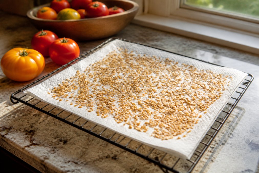 Overhead shot of clean tomato seeds spread in a single layer on a paper towel on a drying rack, drying naturally on a kitchen counter with warm afternoon light coming through a nearby window