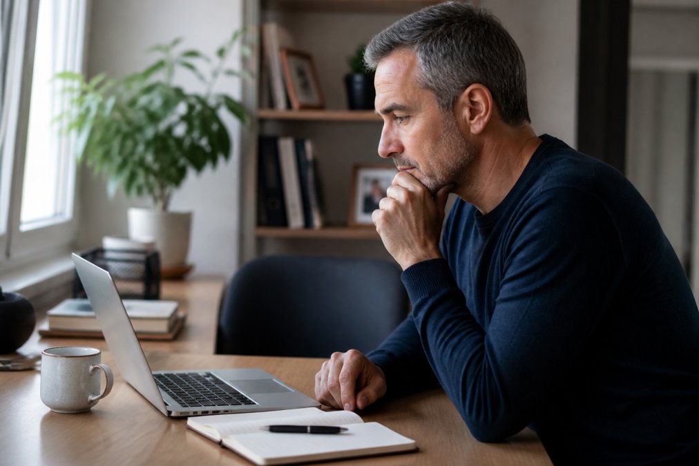 A business owner in their 40s reviewing growth charts on a laptop at a tidy home office desk, notebook and coffee nearby, natural window light
