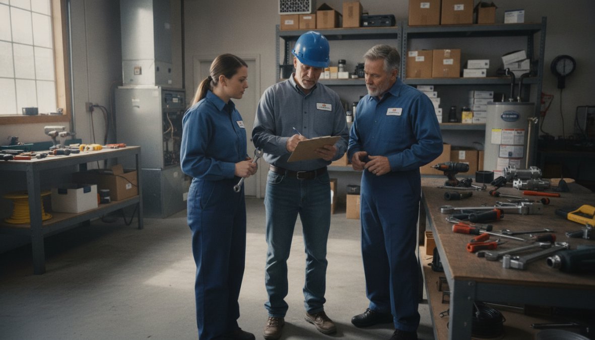 A home service business owner in a hard hat reviewing a clipboard with two uniformed technicians in a garage workshop setting, bright overhead lighting, conveying team building and workforce management