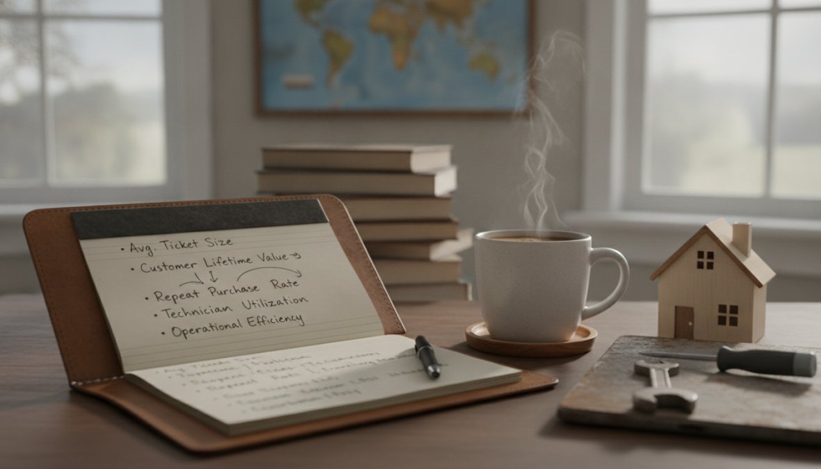 A business professional in a modern office sitting at a desk reviewing operational dashboards on a laptop, notepad and coffee nearby, natural daylight from a window, focused and analytical expression