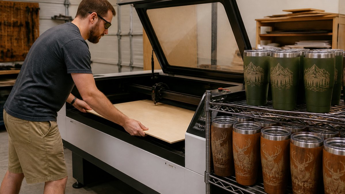 A small workshop owner in safety glasses loading a sheet of wood into a laser engraver while finished engraved tumblers sit on a rack nearby