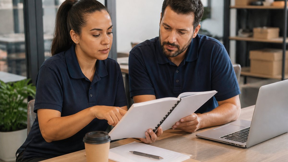 A small business owner and team member reviewing a printed standard operating procedures manual at a desk in a bright office, with a laptop and coffee nearby