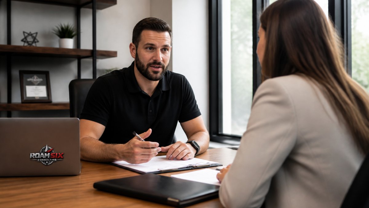 Business owner interviewing a job candidate to scale small service business in a bright, modern office space.
