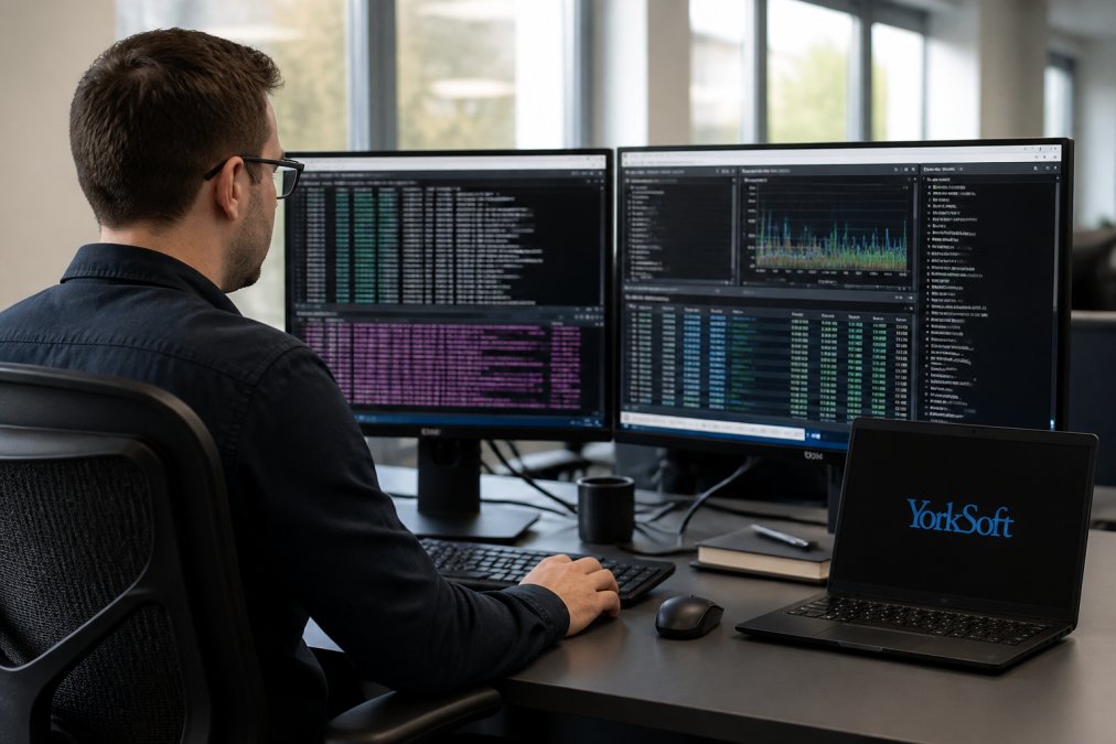 IT professional reviewing server performance metrics and bottleneck analysis on multiple monitors in a modern office environment with natural lighting