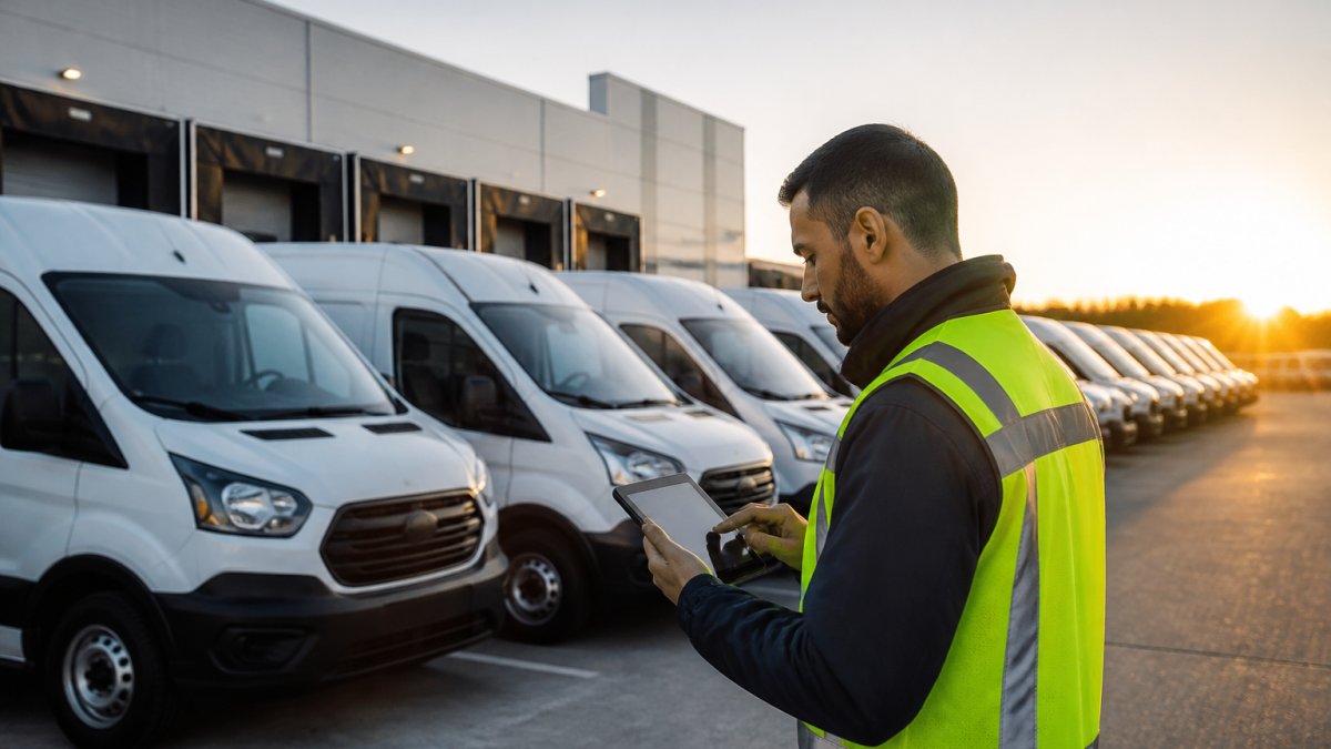 A row of white delivery vans parked at a fulfillment center loading dock at dawn, with a fleet manager in a high-visibility vest holding a tablet reviewing route plans in the foreground