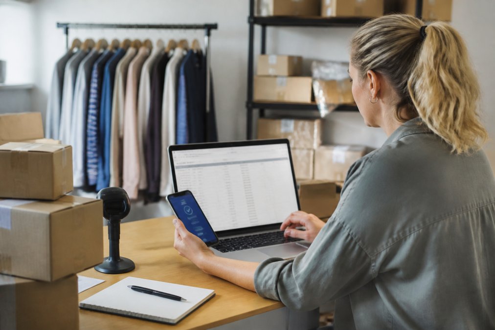 A small business owner at a tidy desk reviewing inventory and order dashboards on a laptop, with a smartphone showing a sales notification beside them