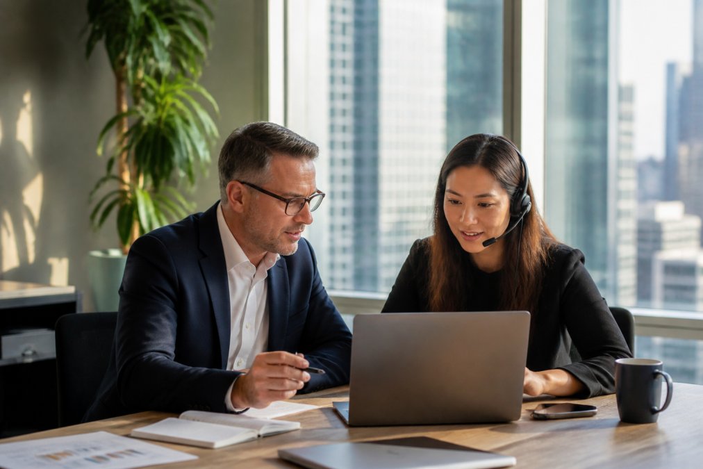 Sales director and remote team member reviewing metrics to scale B2B sales in a sunlit office with a city view.