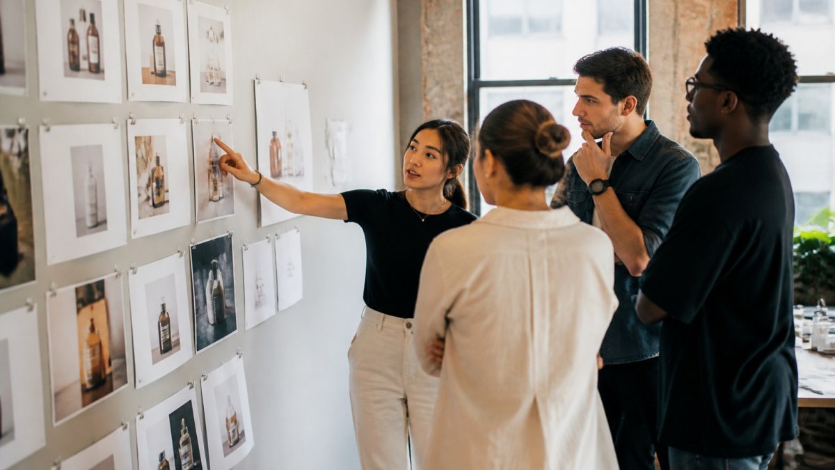 Ecommerce team reviewing ad mockups on a wall during a creative production session in a modern office.