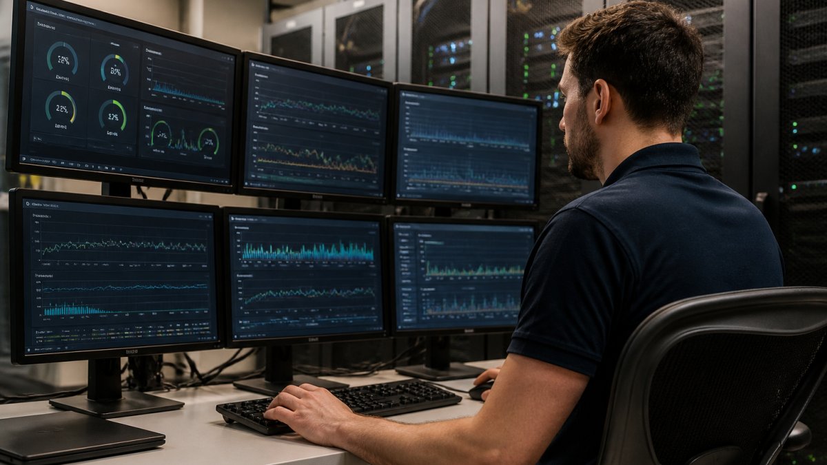 IT technician monitoring server performance metrics on multiple displays in a data center, with server racks visible in the background, showing real-time CPU and memory graphs
