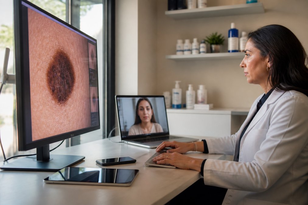 Dermatologist using dermatology practice technology to review skin lesion images during a video consultation