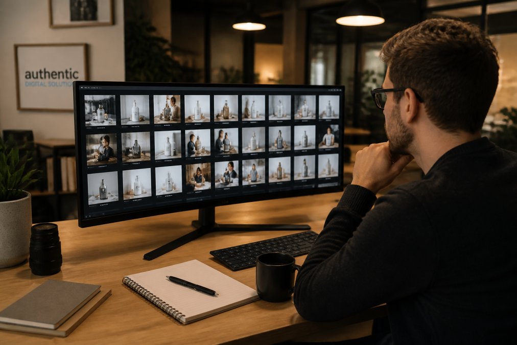 A marketing professional reviewing multiple ad creative mockups spread across a large widescreen monitor in a modern office, notepad open beside a coffee cup under warm overhead lighting