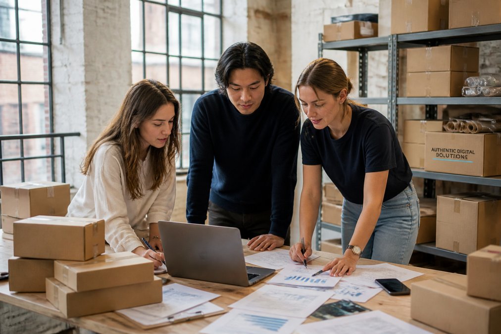 A small ecommerce team of three gathered around a table covered with a laptop, printed reports, and shipping boxes, discussing logistics in a bright warehouse-style workspace with natural light from large windows