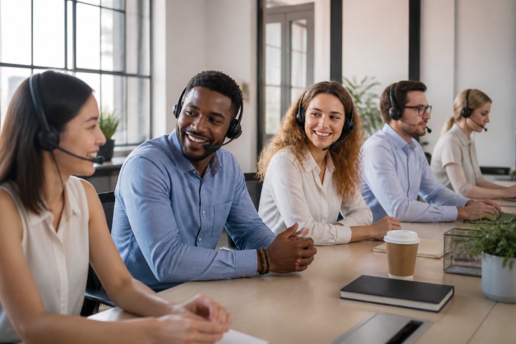 A diverse team of customer service representatives working at desks with modern headsets, collaborating and smiling in a bright office environment with natural lighting
